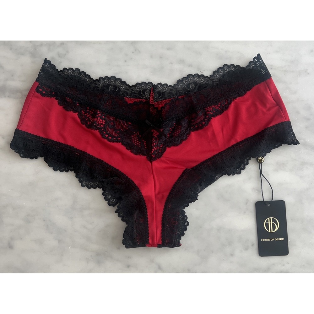 House of Desire Vera Lace Strappy Back Cheeky Panty Red Black Size Medium NWT - Picture 3 of 7